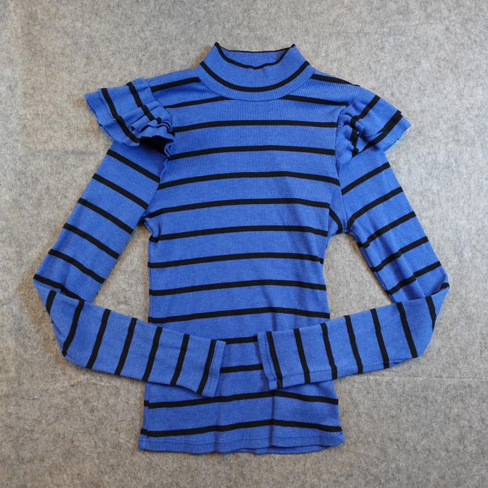 TLA Top Womens Medium Blue Striped Ruffle Shoulder Mock Neck Ribbed Knit Anthro